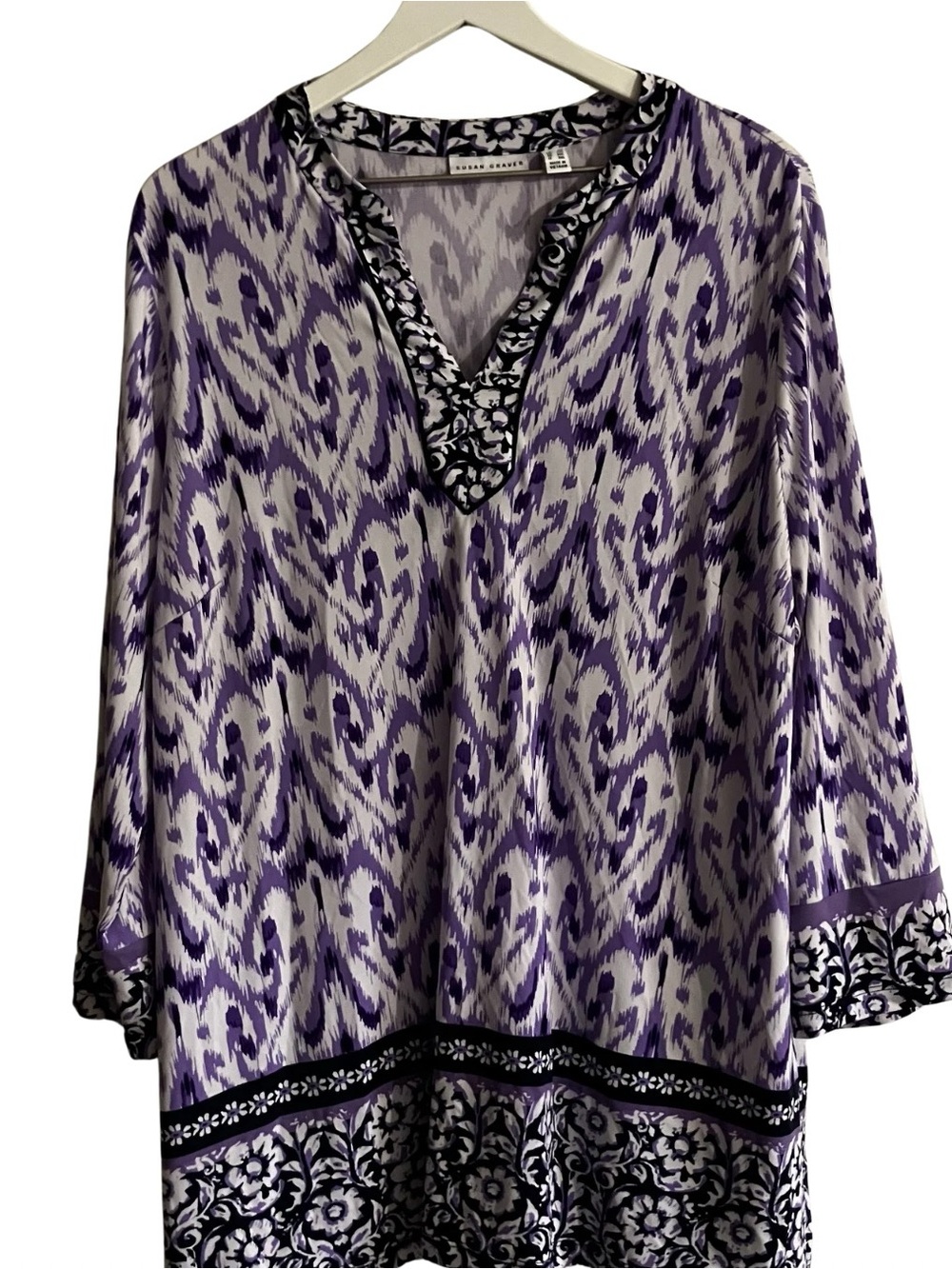 Susan Graver Liquid Knit Top Ikat Print Split Neck Blouse Purple 2X
